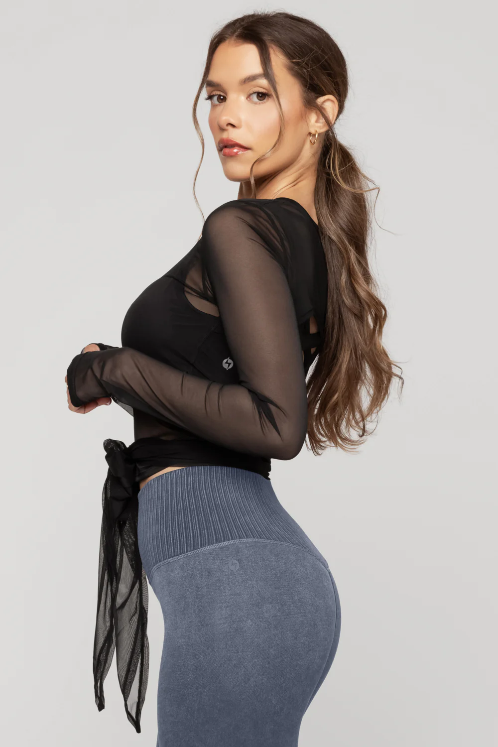 Bow Back Mesh Reversible Long Sleeve Top - Black - Image 4