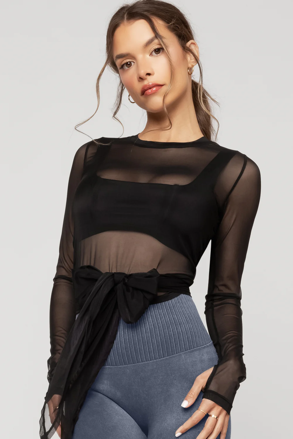 Bow Back Mesh Reversible Long Sleeve Top - Black - Image 9