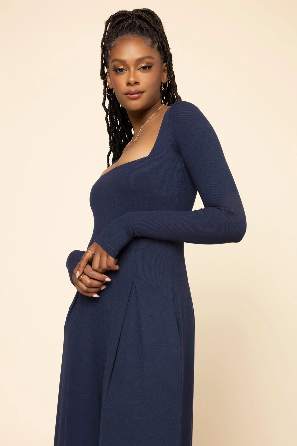 Go With The Flow Long Sleeve Jumpsuit - Cosmic Navy - Image 3